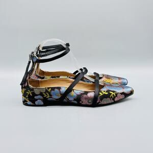 Anthropologie Shoes Womens EU 37 US 6.5 Black Blue Fabric Floral Strappy Flats